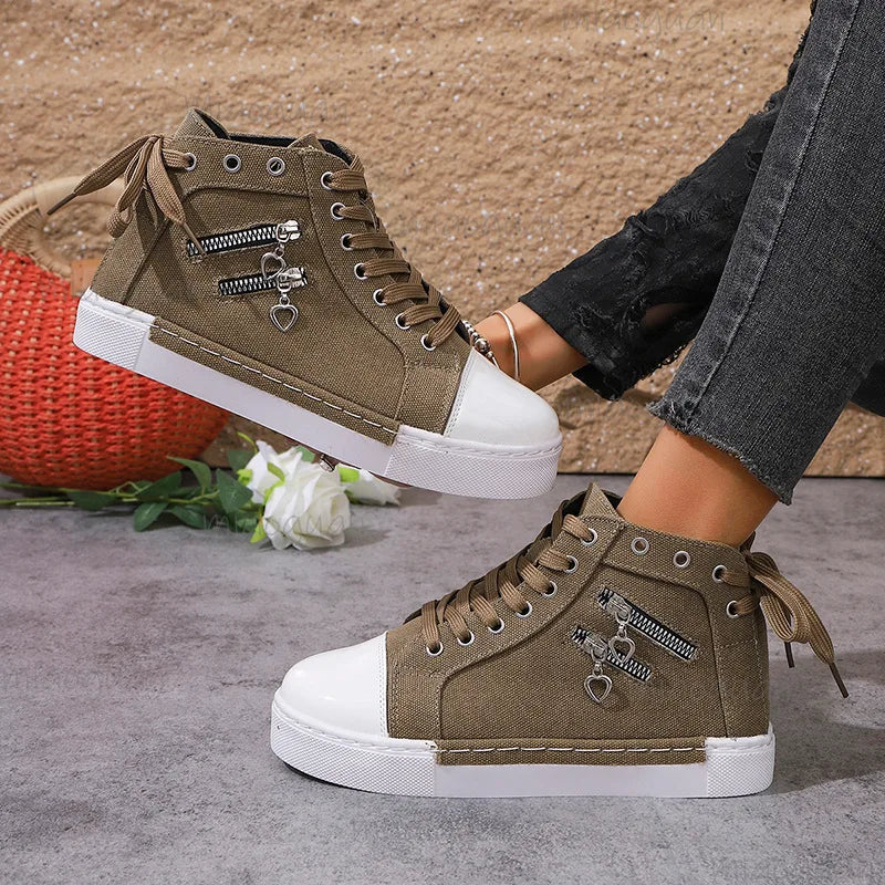 Women's High-Top Canvas Lace-Up Sneakers | Casual Board Shoes