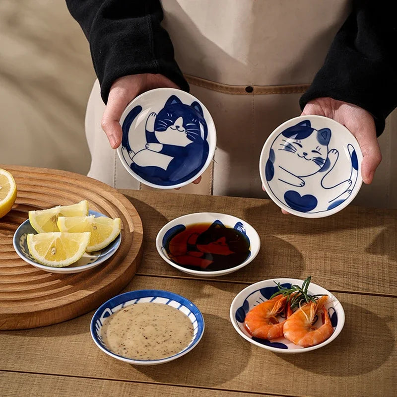 Japanese Cat Ceramic Dipping Dish | Soy Sauce & Seasoning Bowl