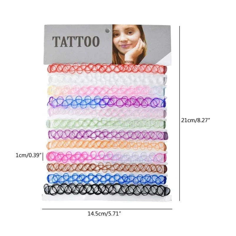 12-Pack Vintage Hippie Stretch Tattoo Choker Necklace Set