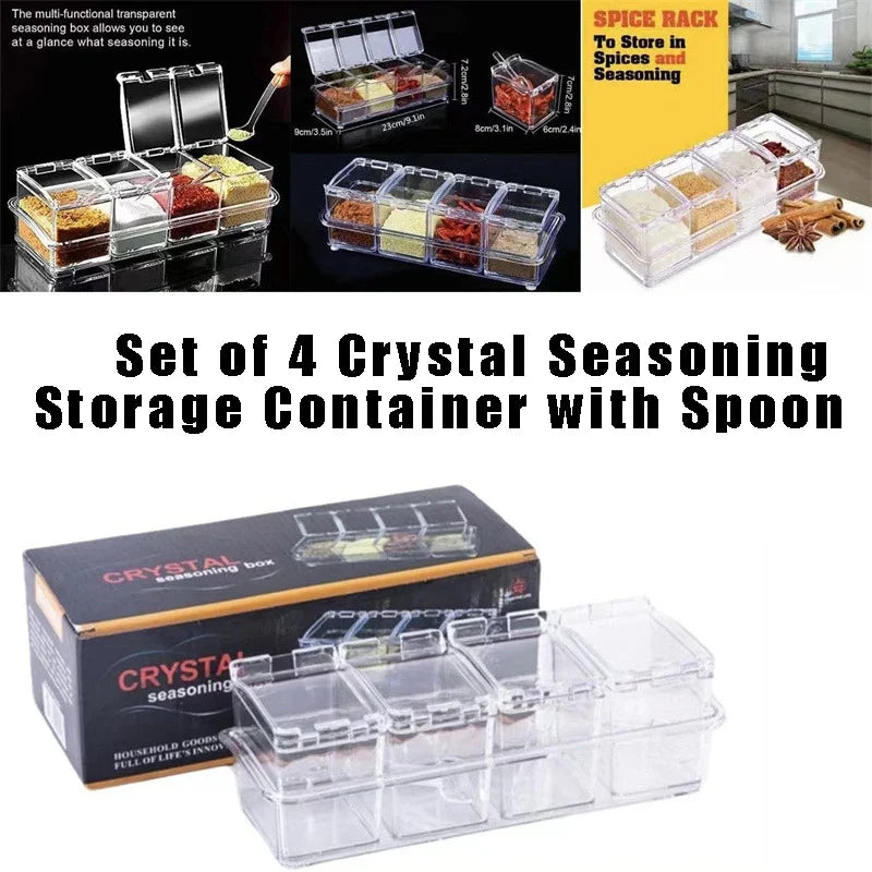 4-Piece Clear Seasoning Box Set with Spoons – Spice Storage
