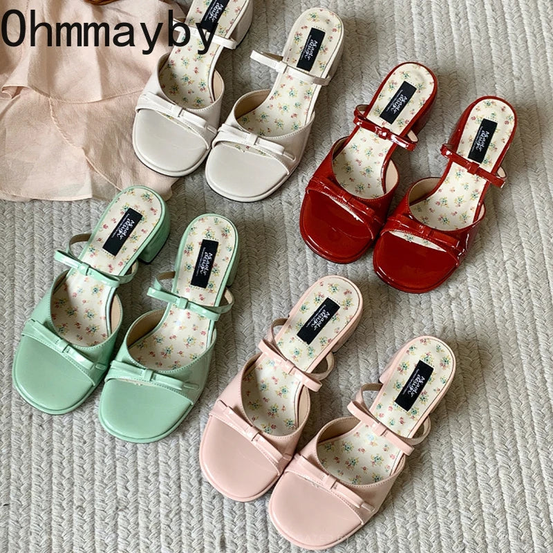 Women's Butterfly-Knot Square Heel Slides | Elegant Open Toe