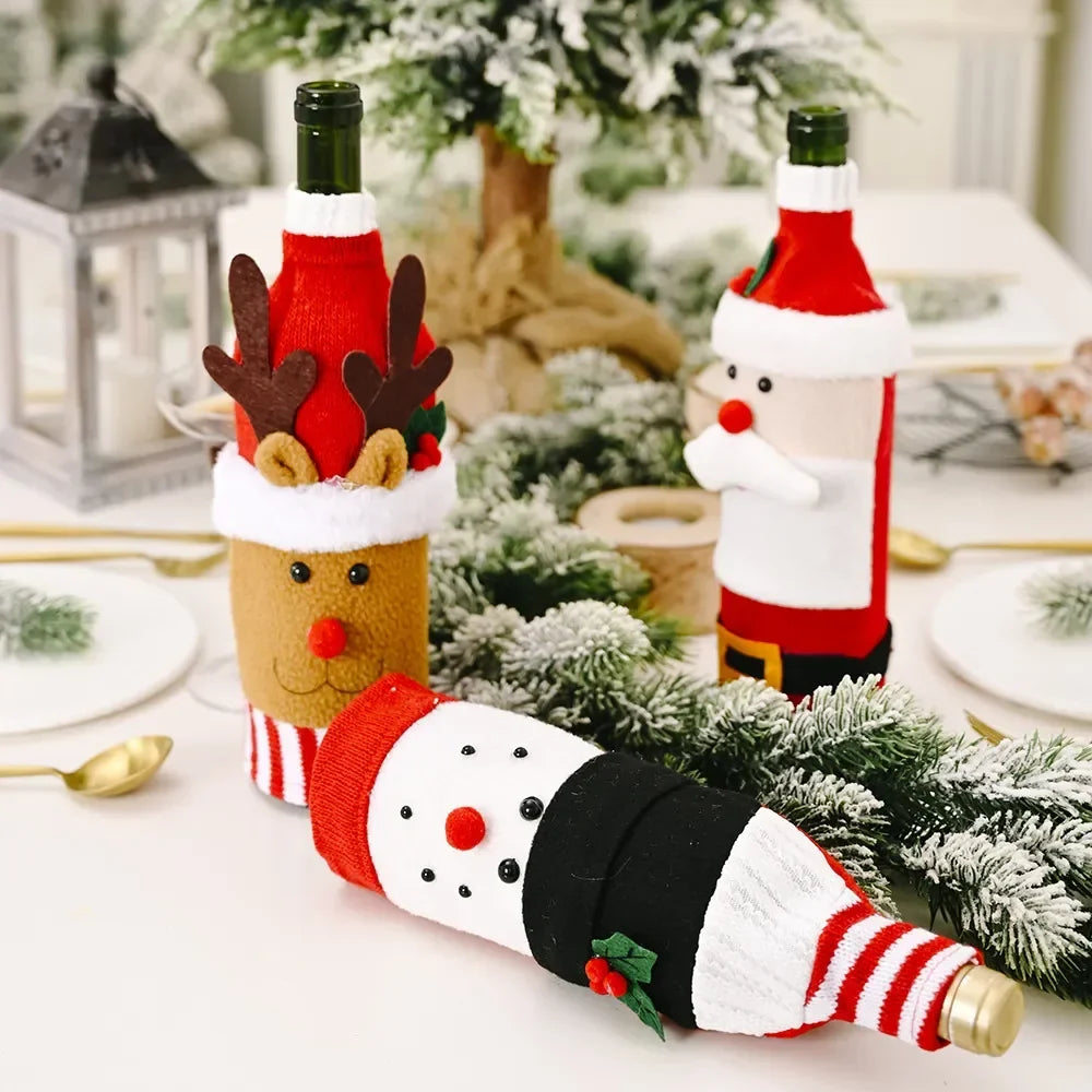 Christmas Knitted Santa Wine Bottle Covers | Festive Table Decor Set