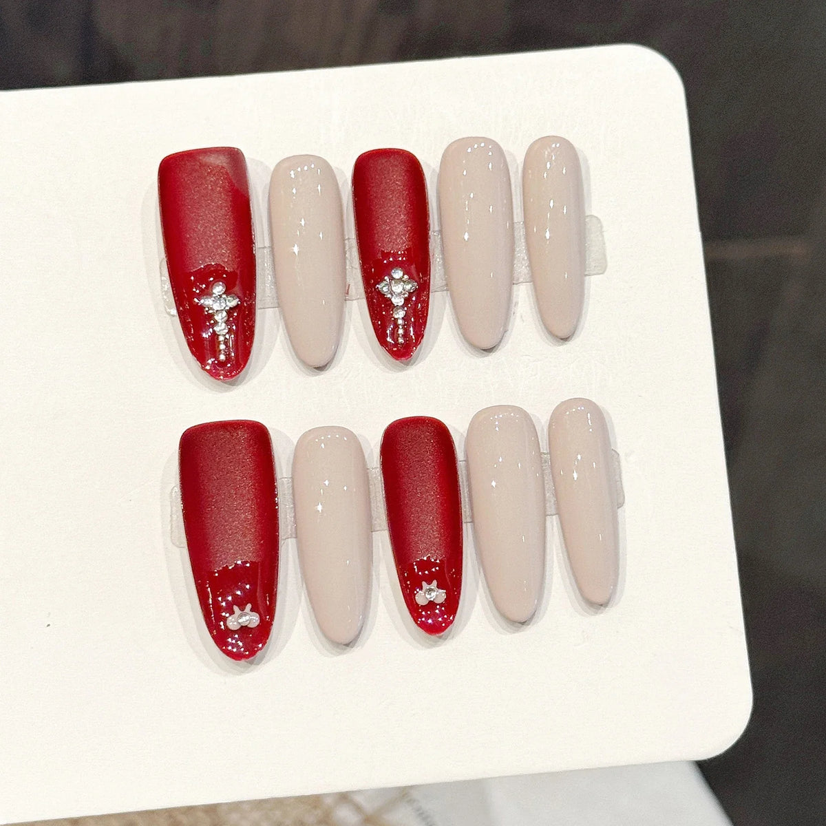 Handmade Almond Press-On Nails | Red Nude Velvet – 10pcs Set