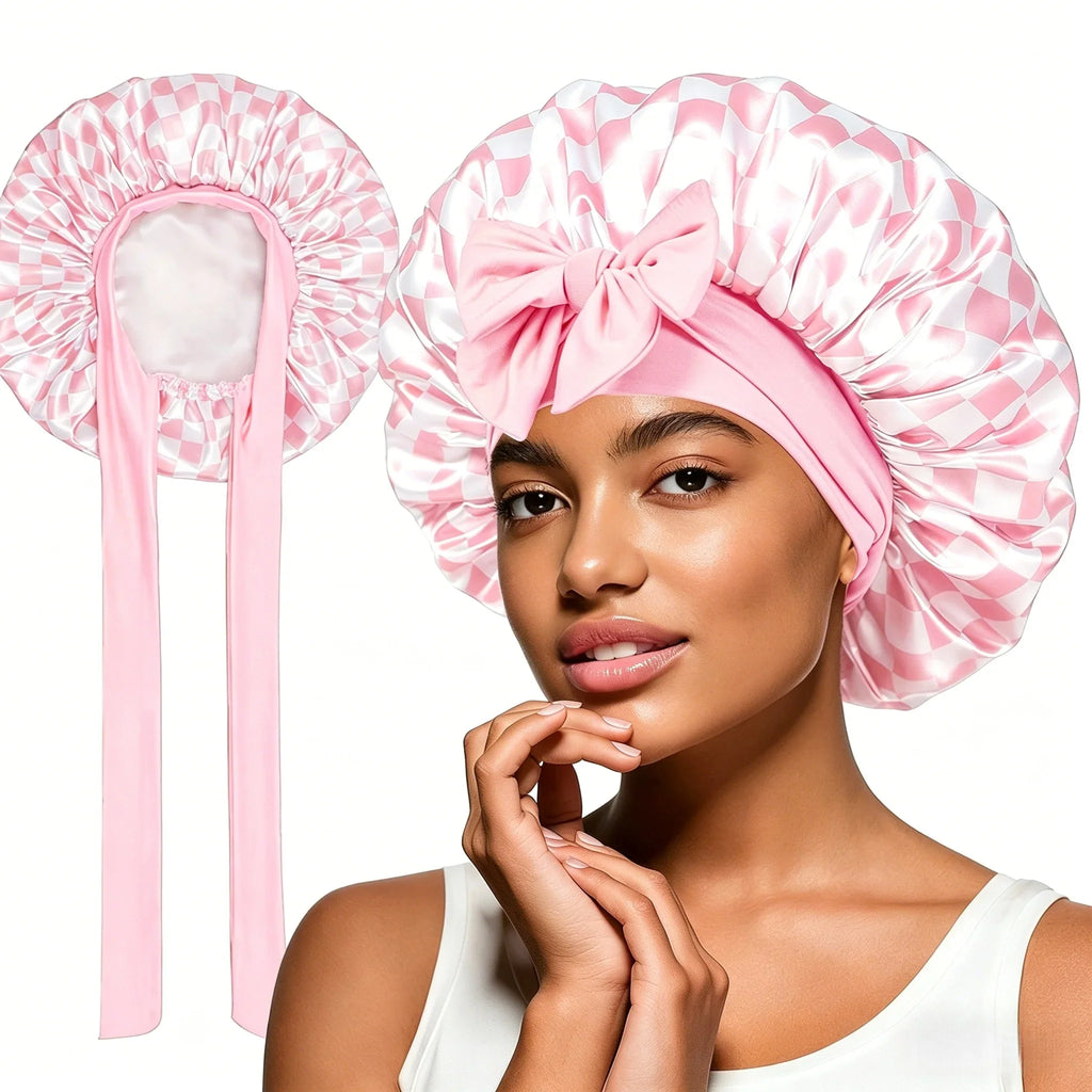 Beige Cherry Satin Sleep Bonnet – Lace-Up Hair Care Night Cap