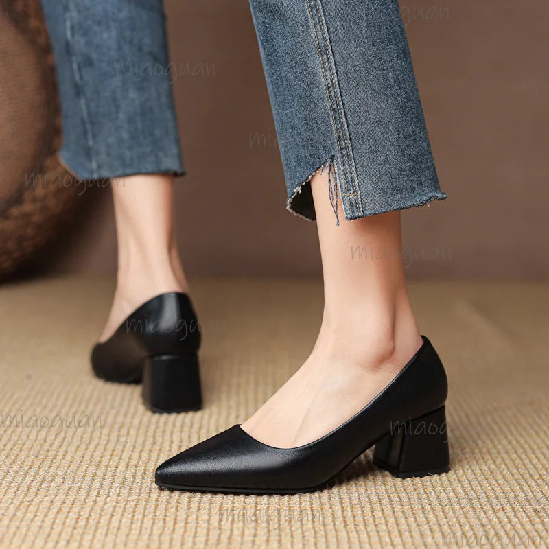 Women's Pointed Toe Block Heel Pumps – Office Slip-On Shoes