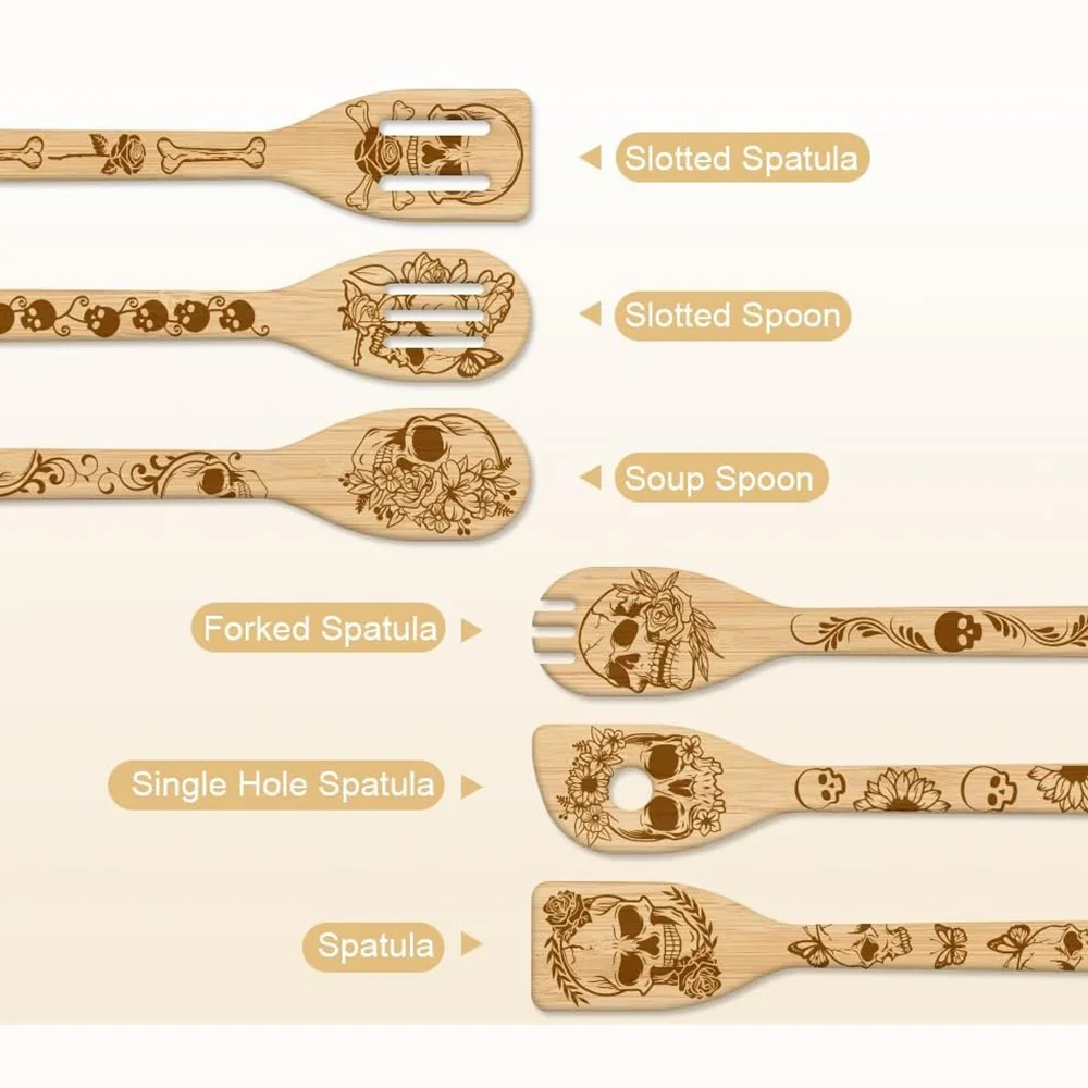 Skeleton Bamboo Cooking Utensils | Gothic Engraved 6-Piece Set