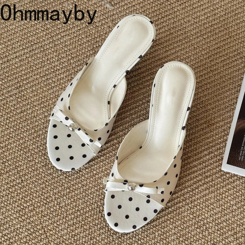 Women's Open Toe Thin Heel Mule Slides | Polka Dot Summer