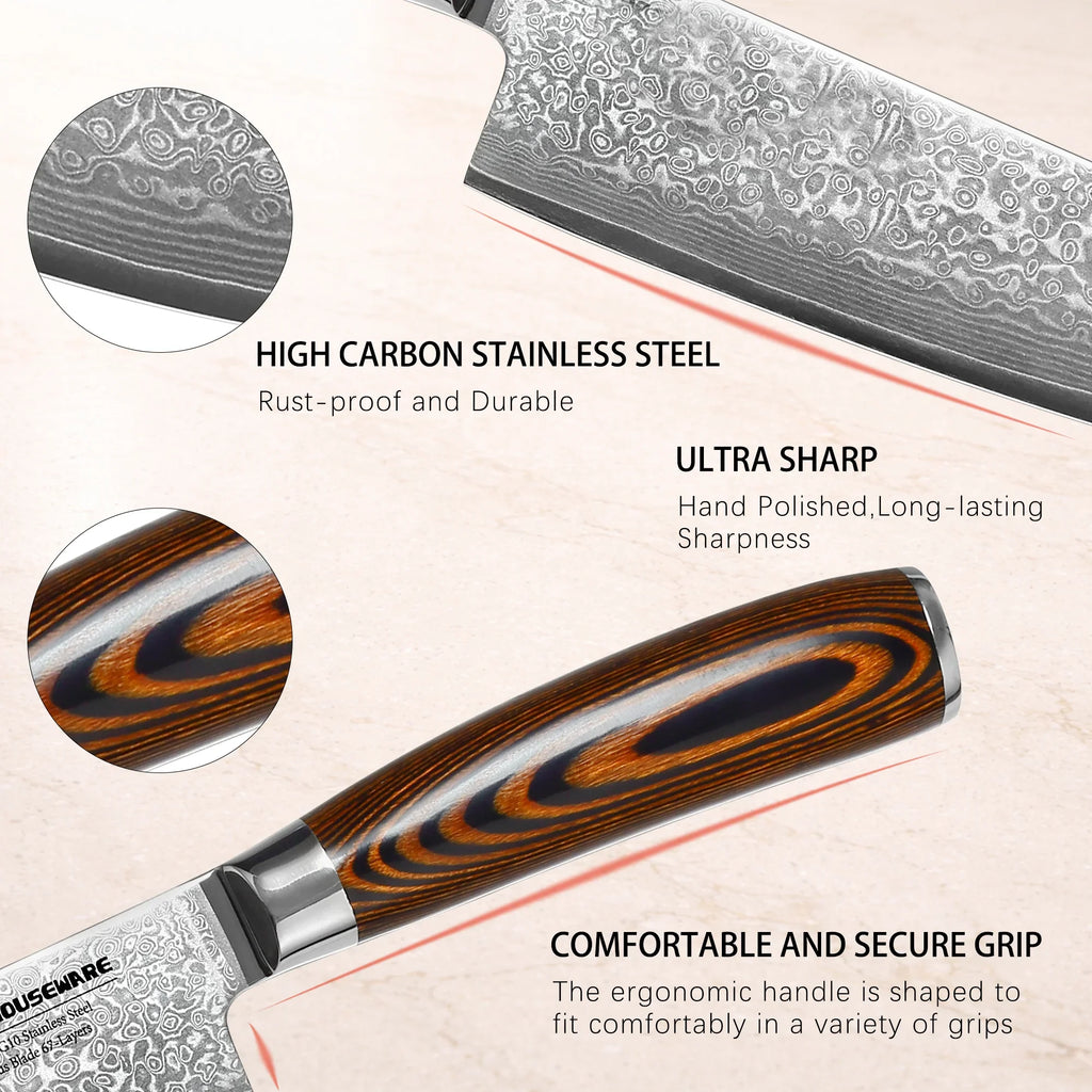 4-Pc 67-Layer Damascus Chef Knife Set – Santoku & Utility
