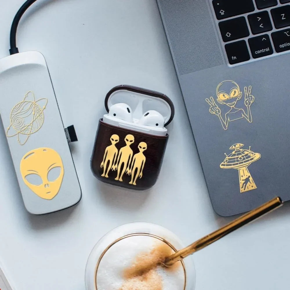 9-Piece Golden Metal Alien Stickers – Space UFO Epoxy DIY