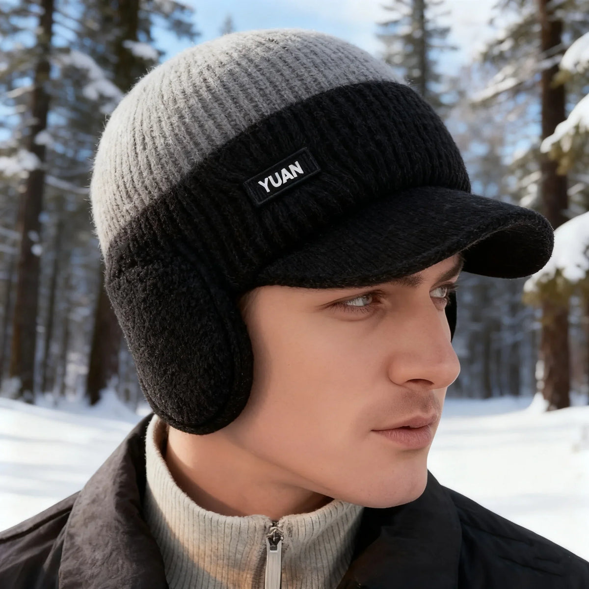 Dual-Tone Knit Baseball Cap – Winter Dad Hat with Ear Flaps