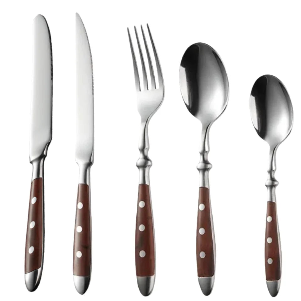6-Piece Wood-Grain Stainless Steel Cutlery Set | Knife Fork Spoon
