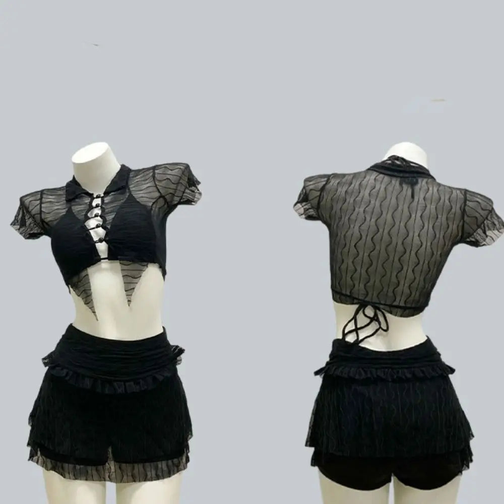 3-Piece Ruffle Bikini Set – Hollow Out Short Sleeve Swimwear