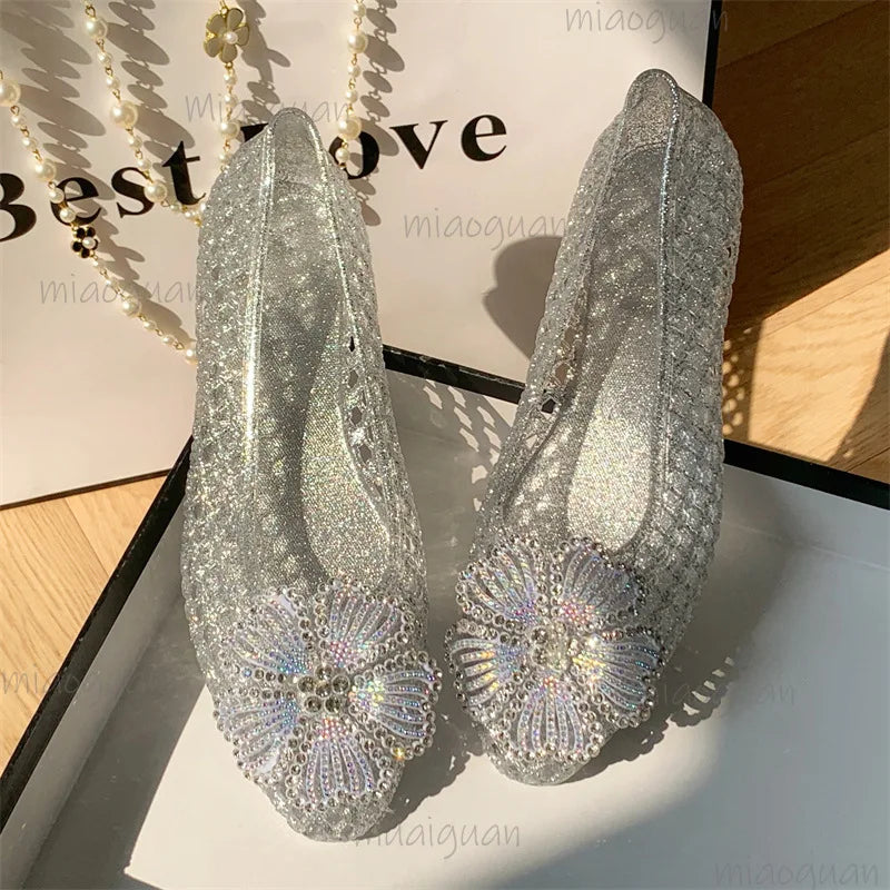Crystal Jelly Sandals – Diamond Flower Pointed Toe Flats for Women