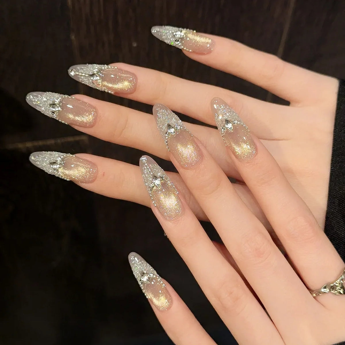 Handmade Glitter Diamond Aurora Cat Eye Press On Nails – 10pc