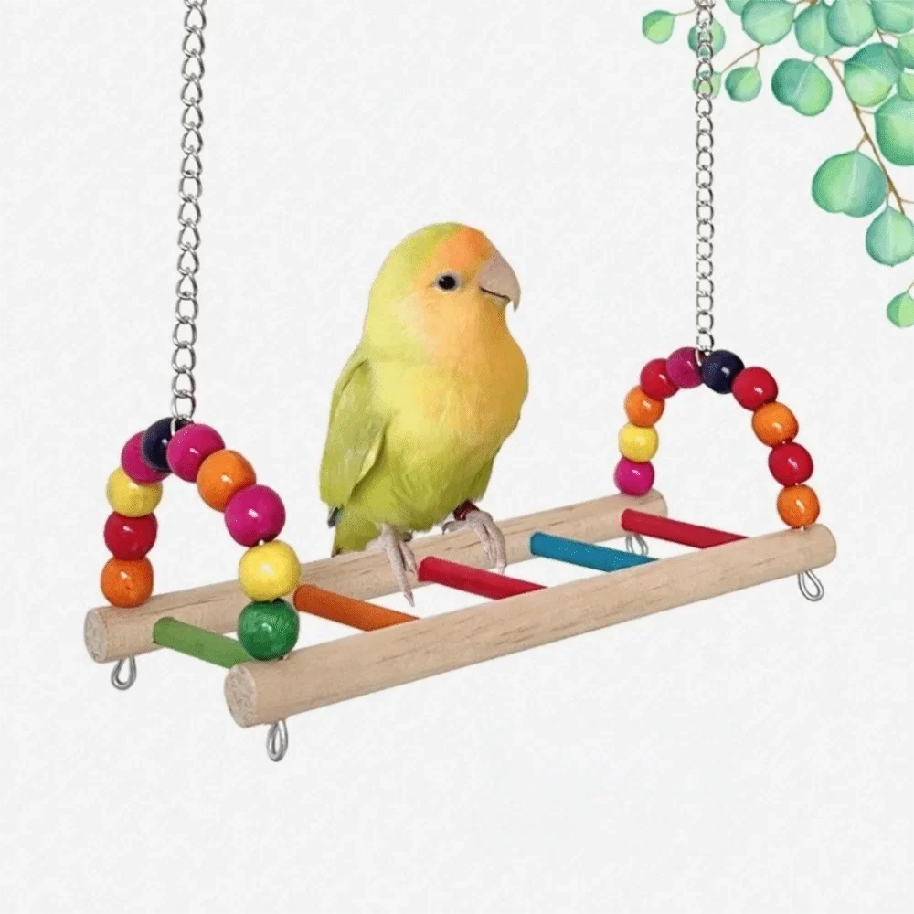 Wooden Parrot Swing Perch Stand with Colorful Beads | Bird Cage