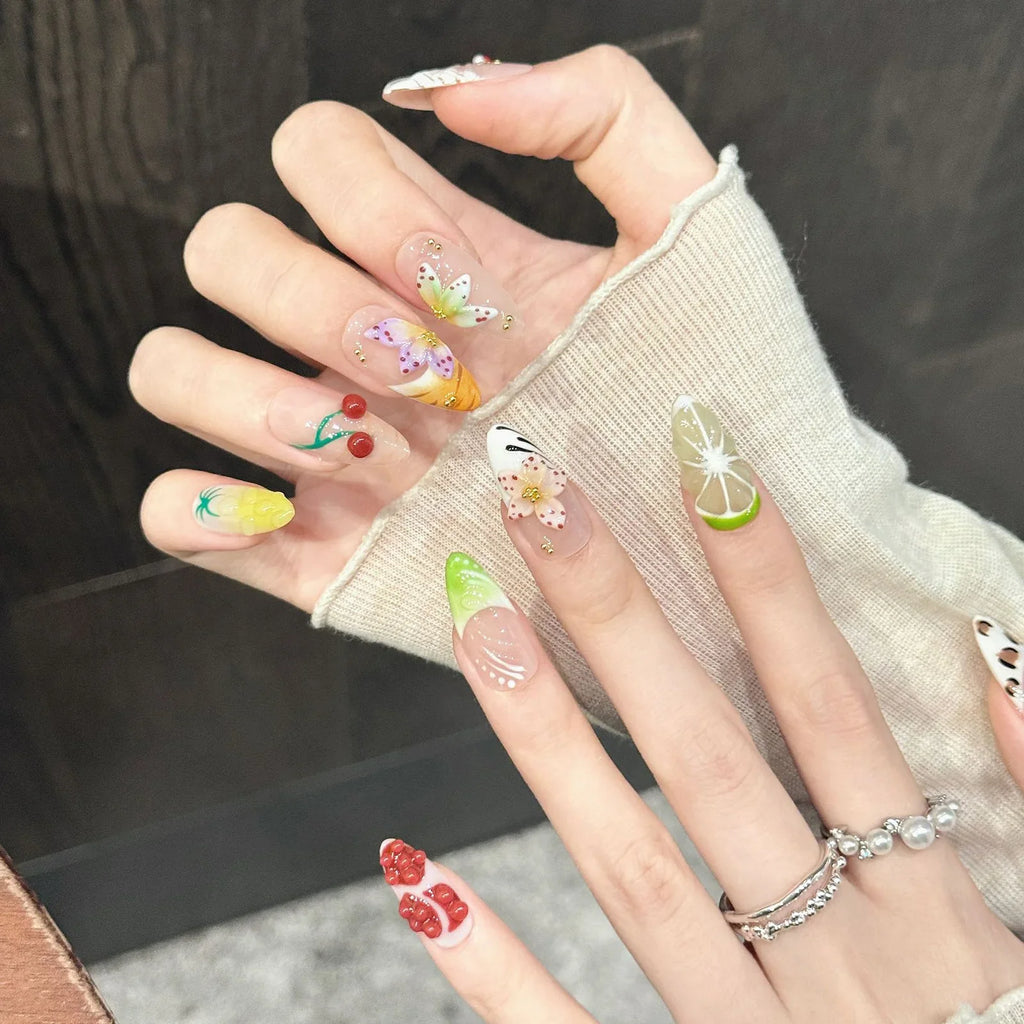 3D Orange Cherry Jelly Press On Nails | Gradient French Almond