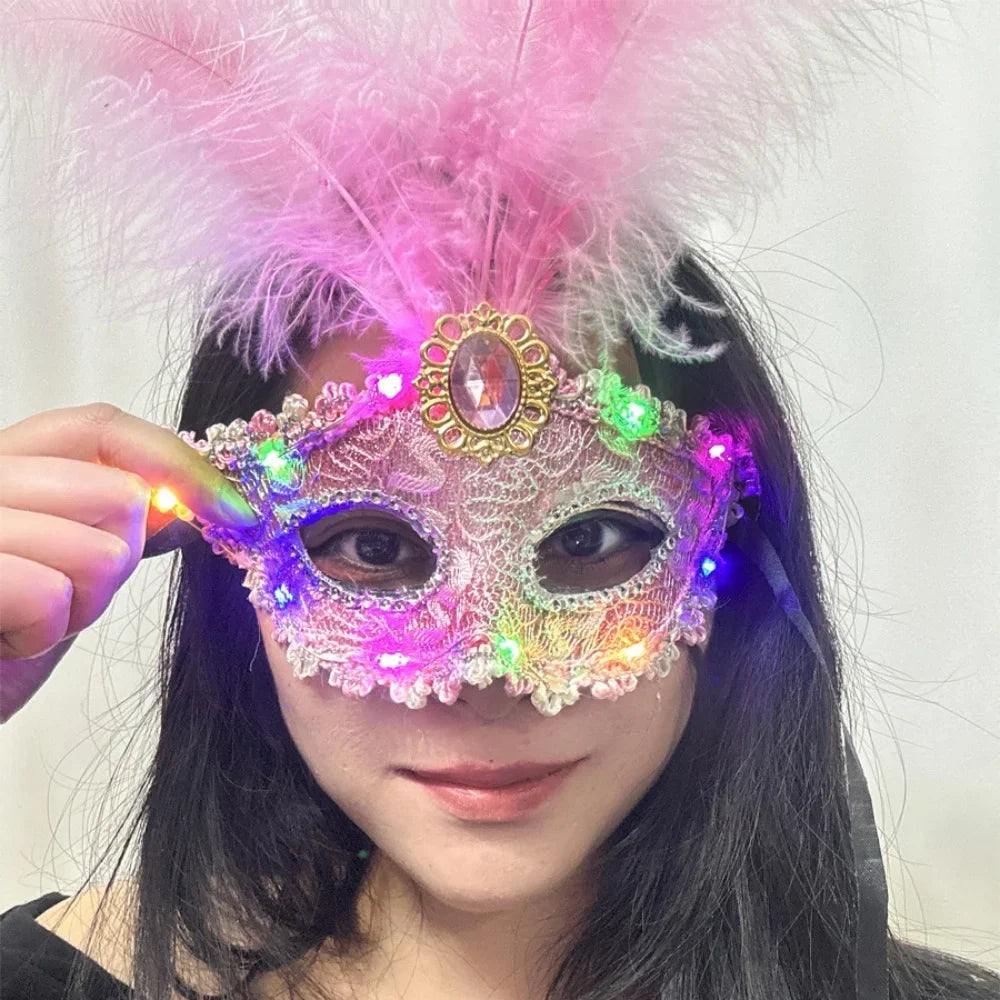 Venetian Venice Glowing Feather Led Masks Woman Fancy Dance Party Eye