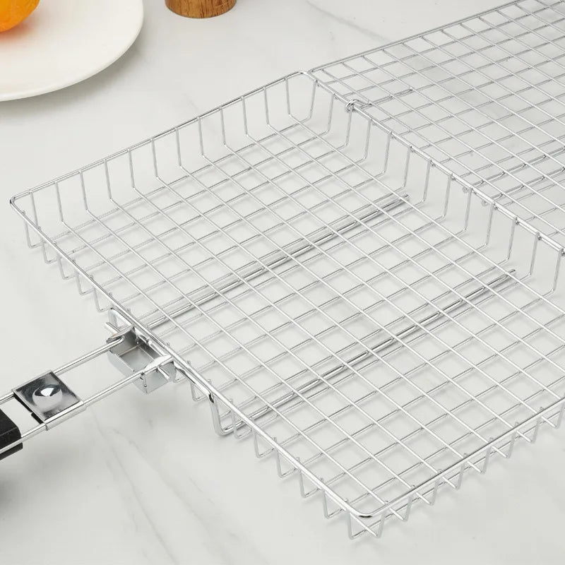 Folding Stainless Steel BBQ Grill Basket – Lockable, Large Grilling Surface, Includes Basting Brush & Storage Bag