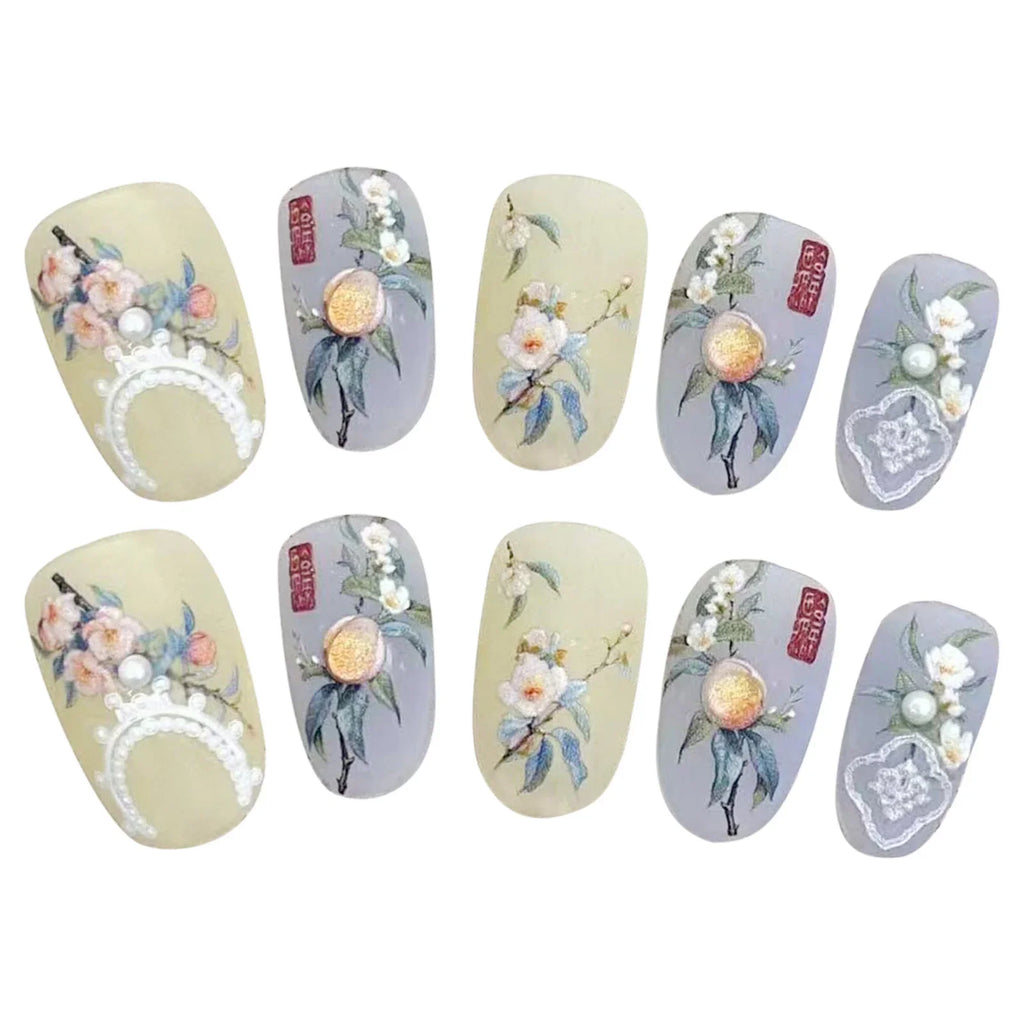 Press On Nails Yellow Blue Floral Pearl Design – Short Round