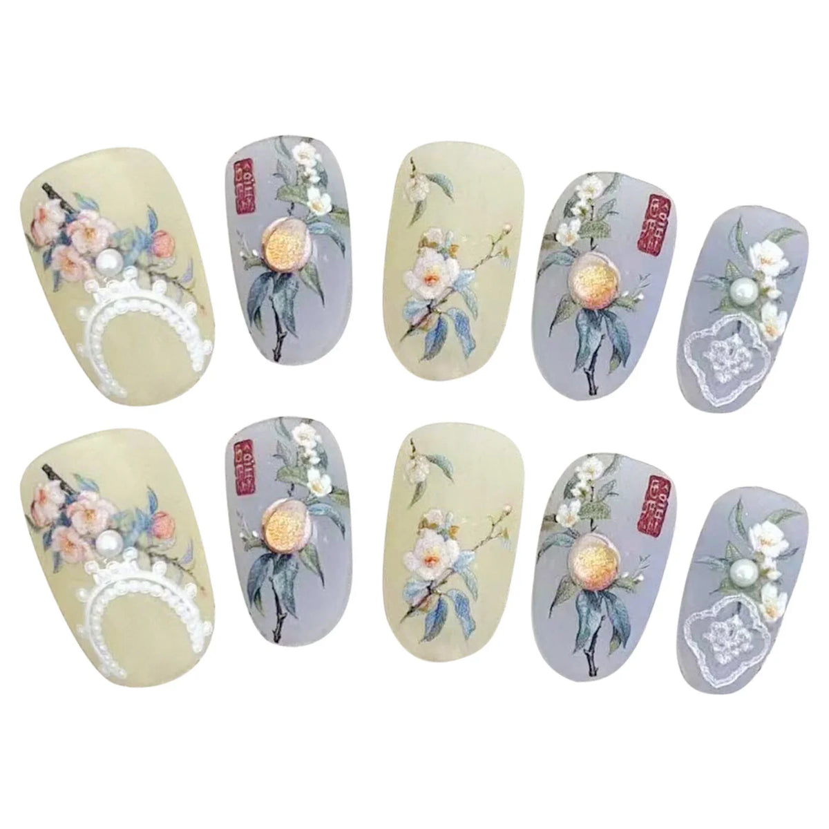 Press On Nails Yellow Blue Floral Pearl Design – Short Round