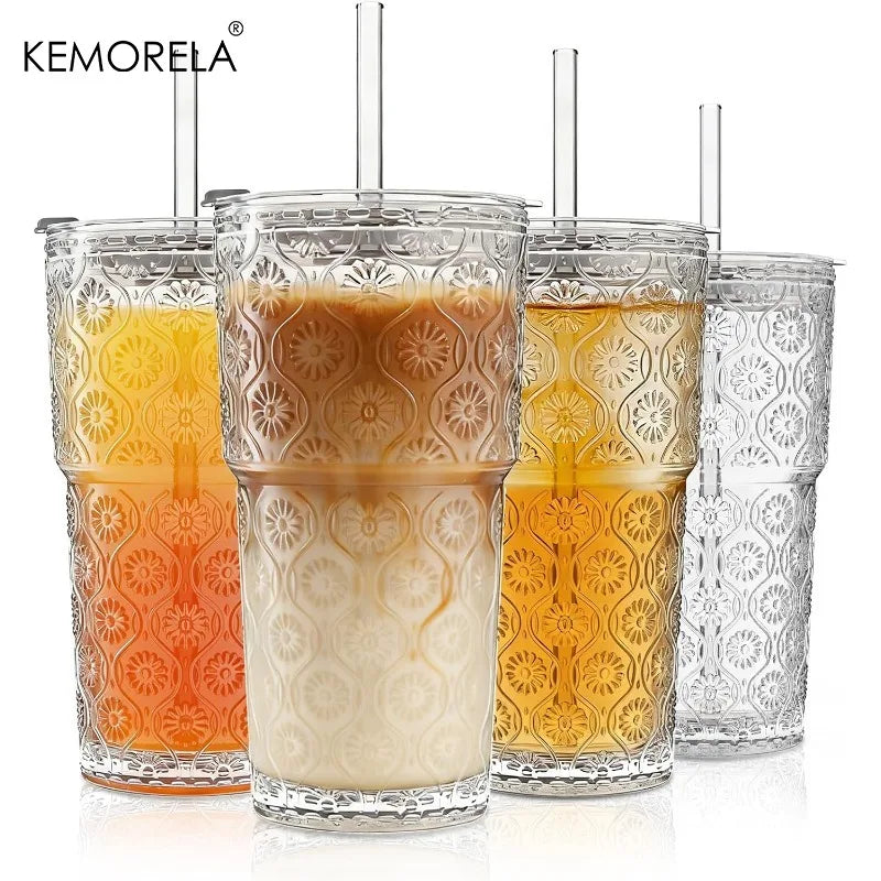 KEMORELA 600ml Begonia Glass Tumblers Set of 4 with Lids & Straws
