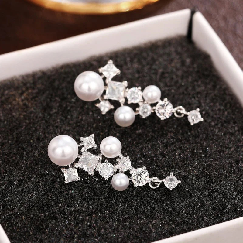Huitan Pearl & CZ Drop Earrings – Elegant Women's Jewelry