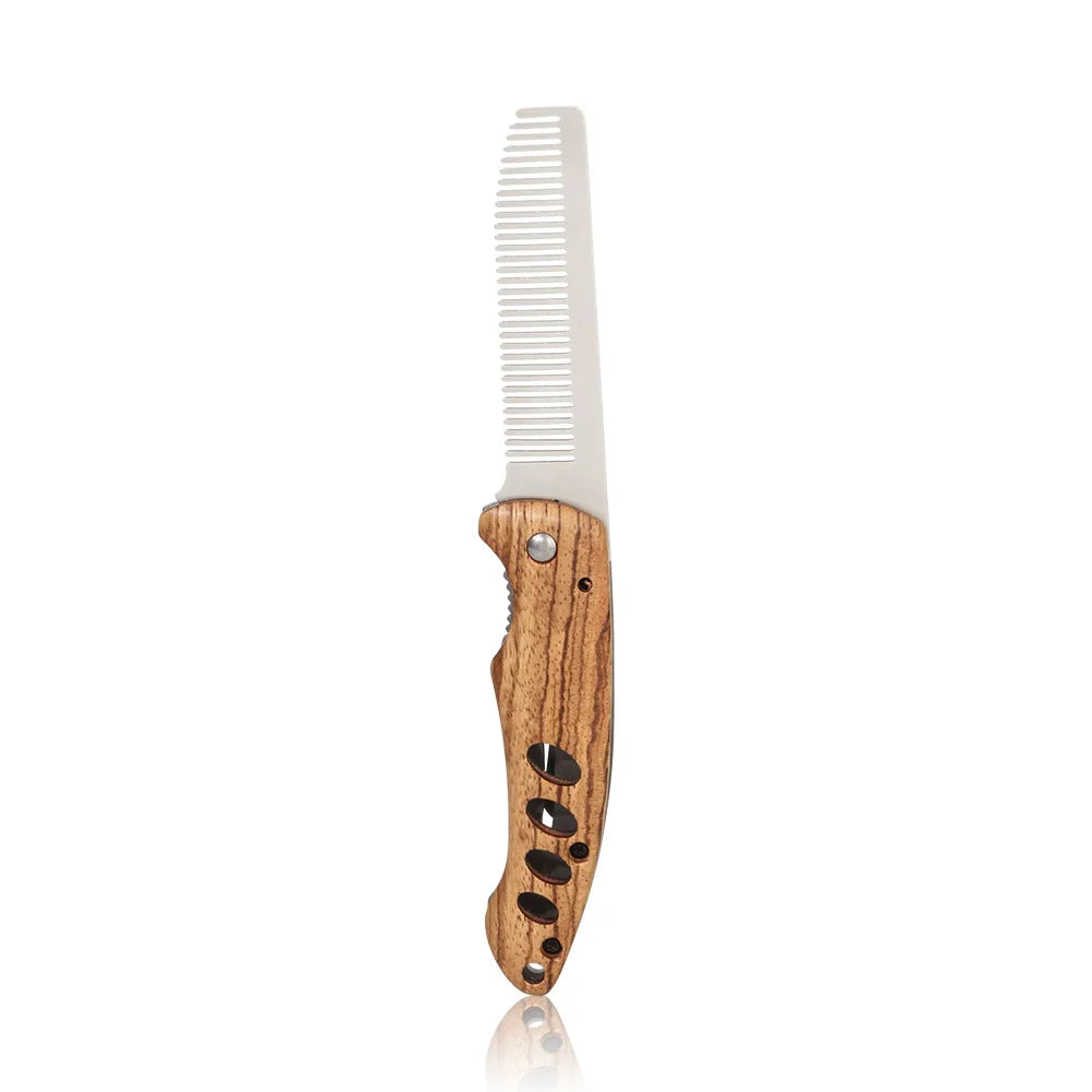 Solid Wood & Metal Folding Beard Comb – Travel Grooming Kit