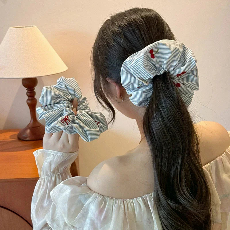 Korean Cherry Stripe Scrunchie Hair Ties – Set of 2 | K-Style