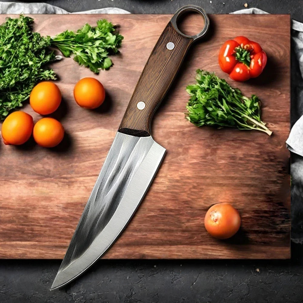 Full Tang Chef Knife with Sheath – Stainless Steel Wood Handle