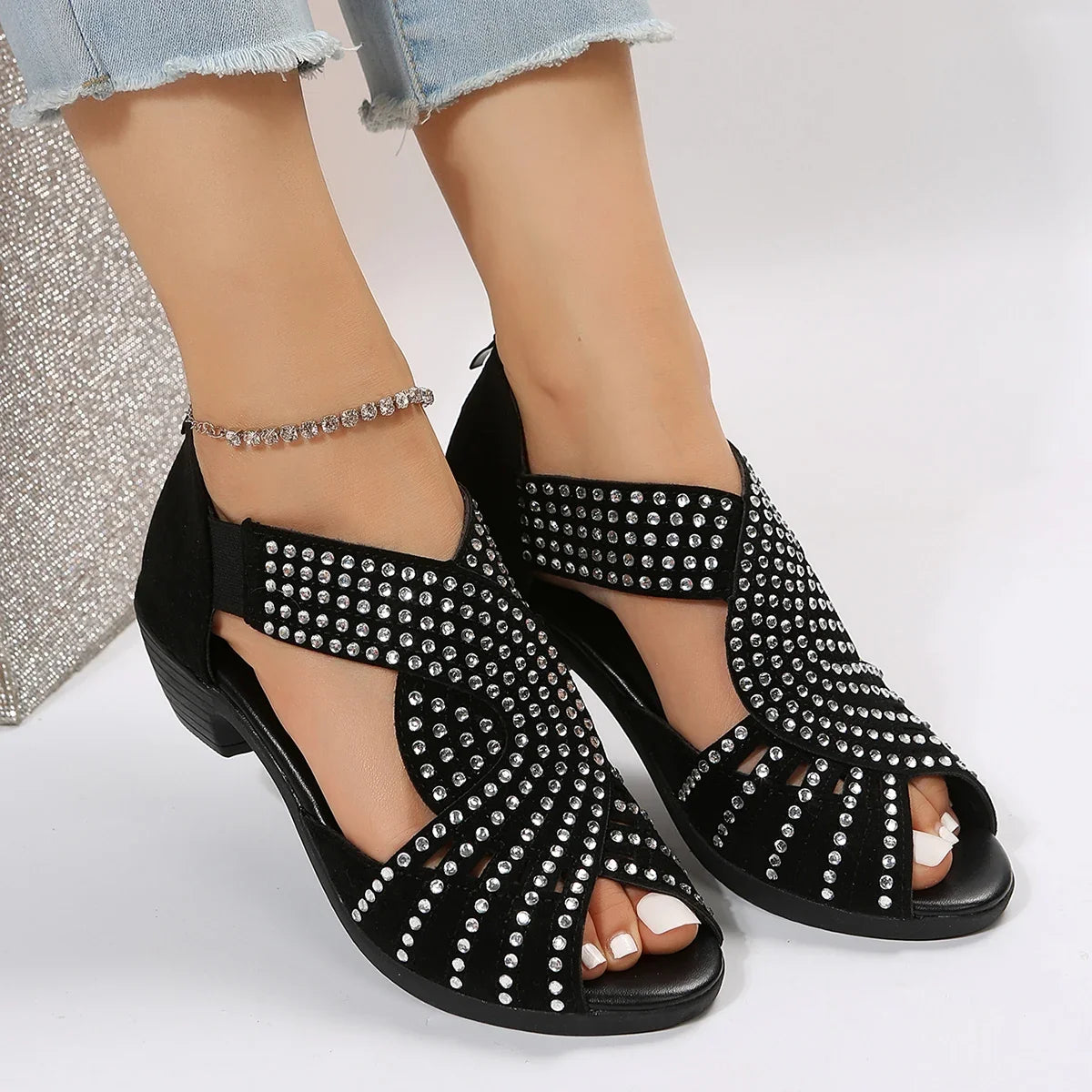 Women's Rhinestone Crystal Dance Sandals | Open Toe Square Heel
