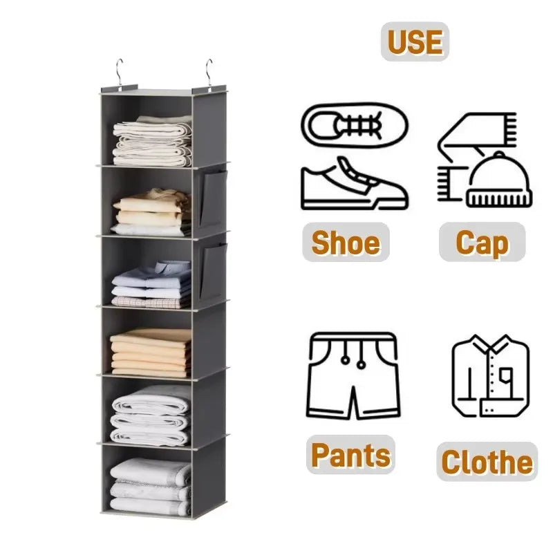 Hanging Closet Organizer Storage Foldable 6-Shelf Shelves 2 Hooks