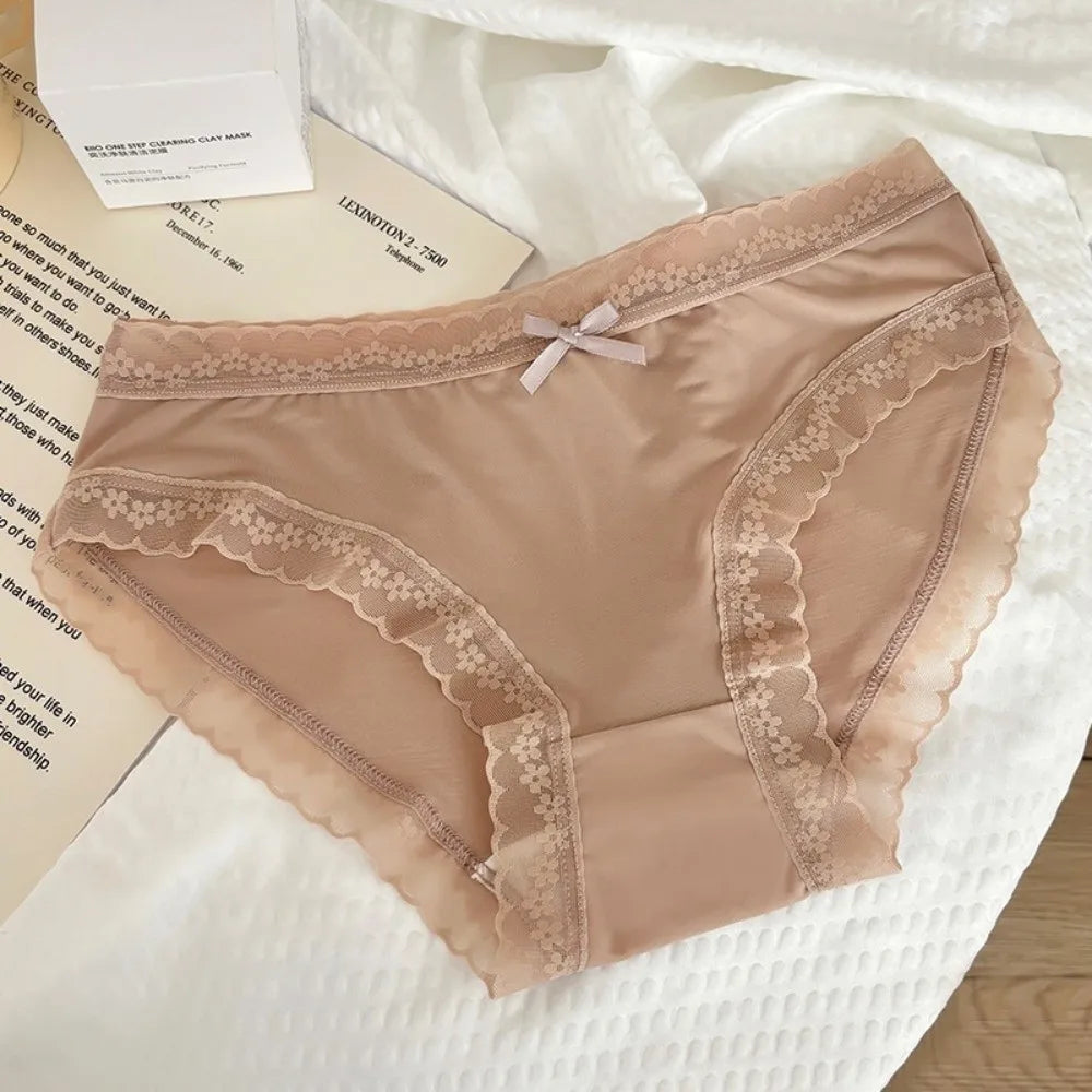 Women's Ice Silk Seamless Briefs – Lace Bow Cotton Crotch Panties