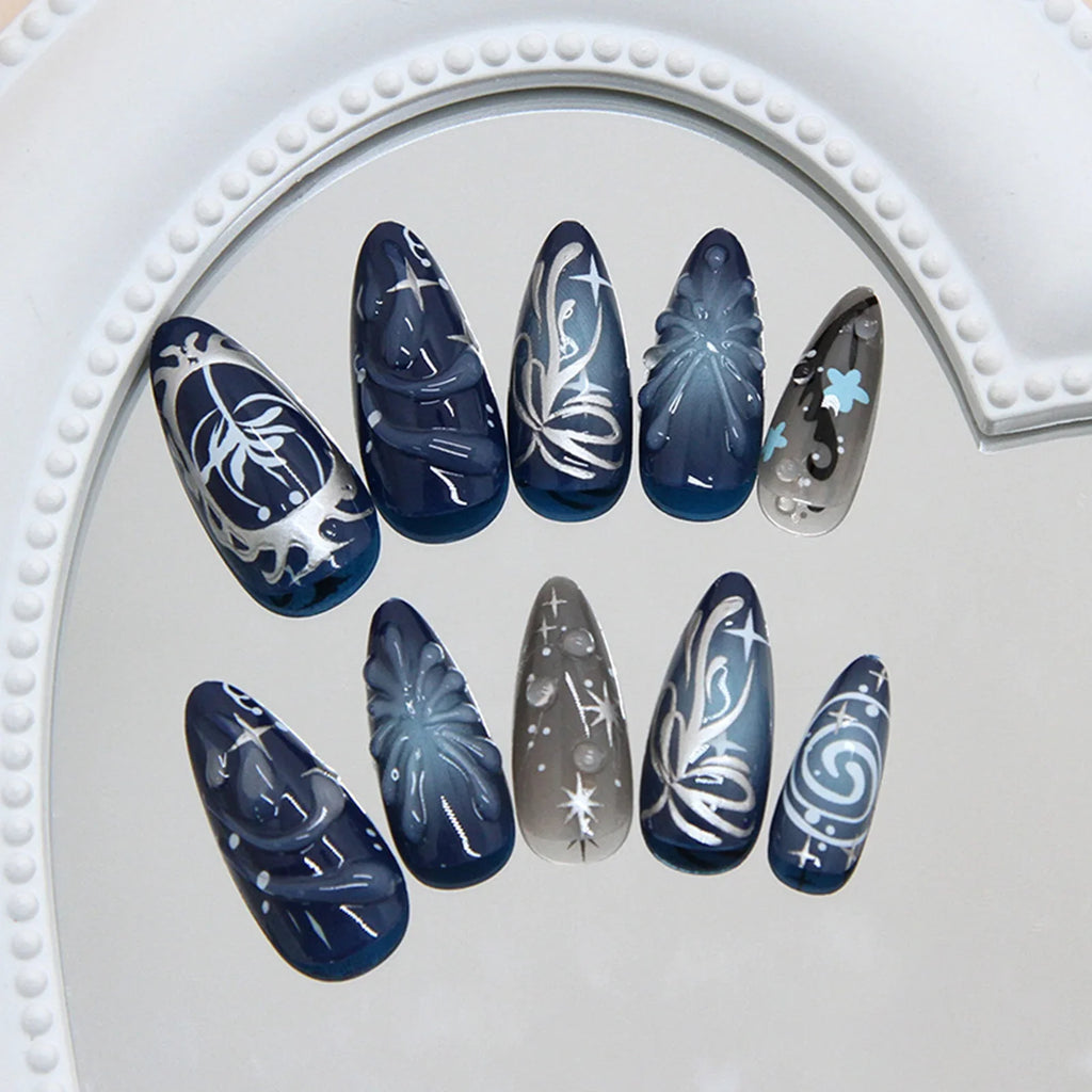 24pc Blue Black Glitter Press On Nails | 3D Y2K Almond Design