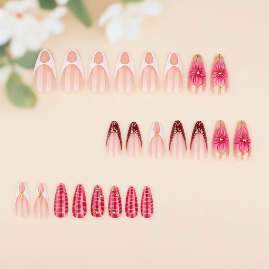 3D Flower Press-On Nails – Black French Almond 24pc Set