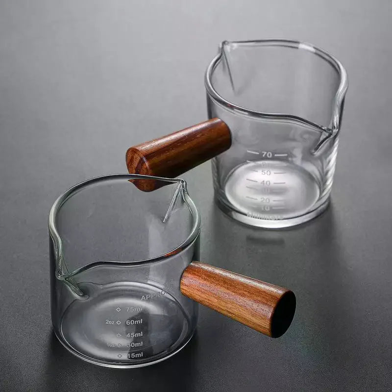 Glass Espresso Measuring Cup with Wood Handle | ml & oz