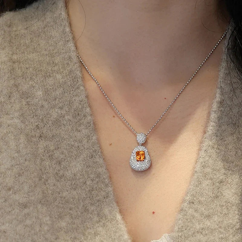 Huitan Pear Shape Orange Red CZ Pendant Necklace | Bead Chain