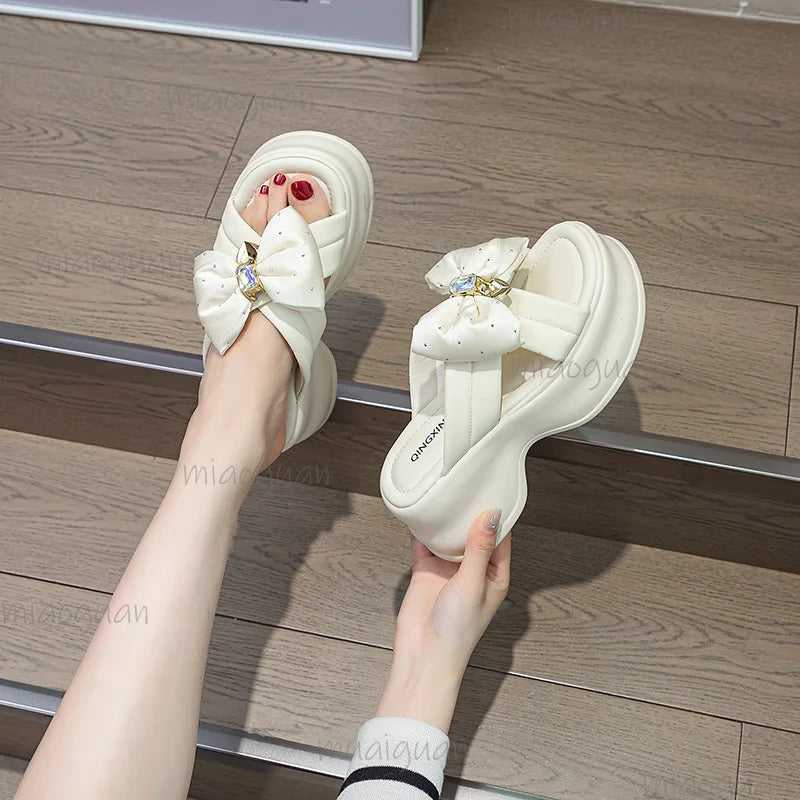Women's Wedge Sandal Slippers – Butterfly Knot Rhinestone High Heel