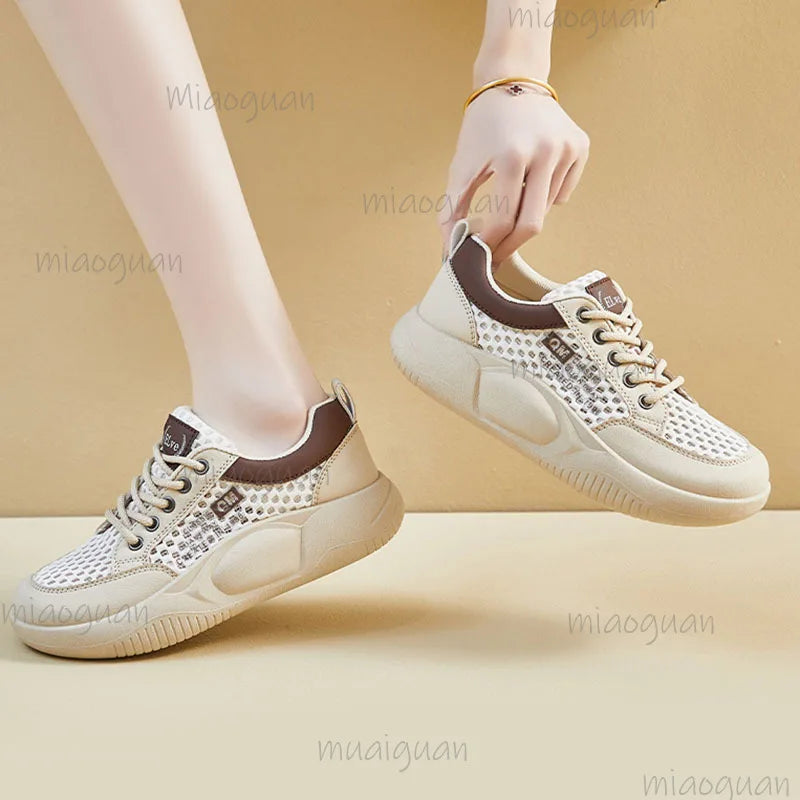 Women's Platform Mesh Sneakers – Breathable Lace-Up Casual Shoes