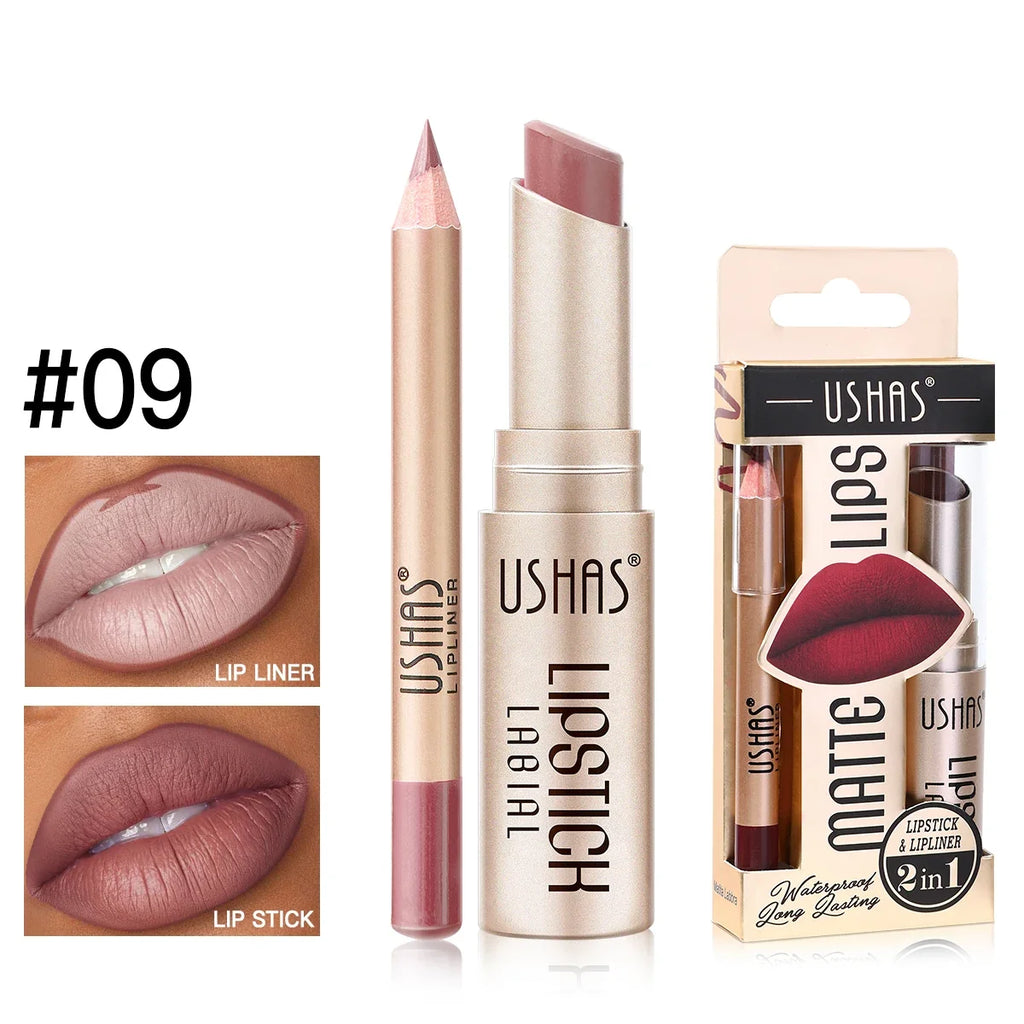 USHAS 12-Color Matte Lipstick & Lip Liner Set – Waterproof