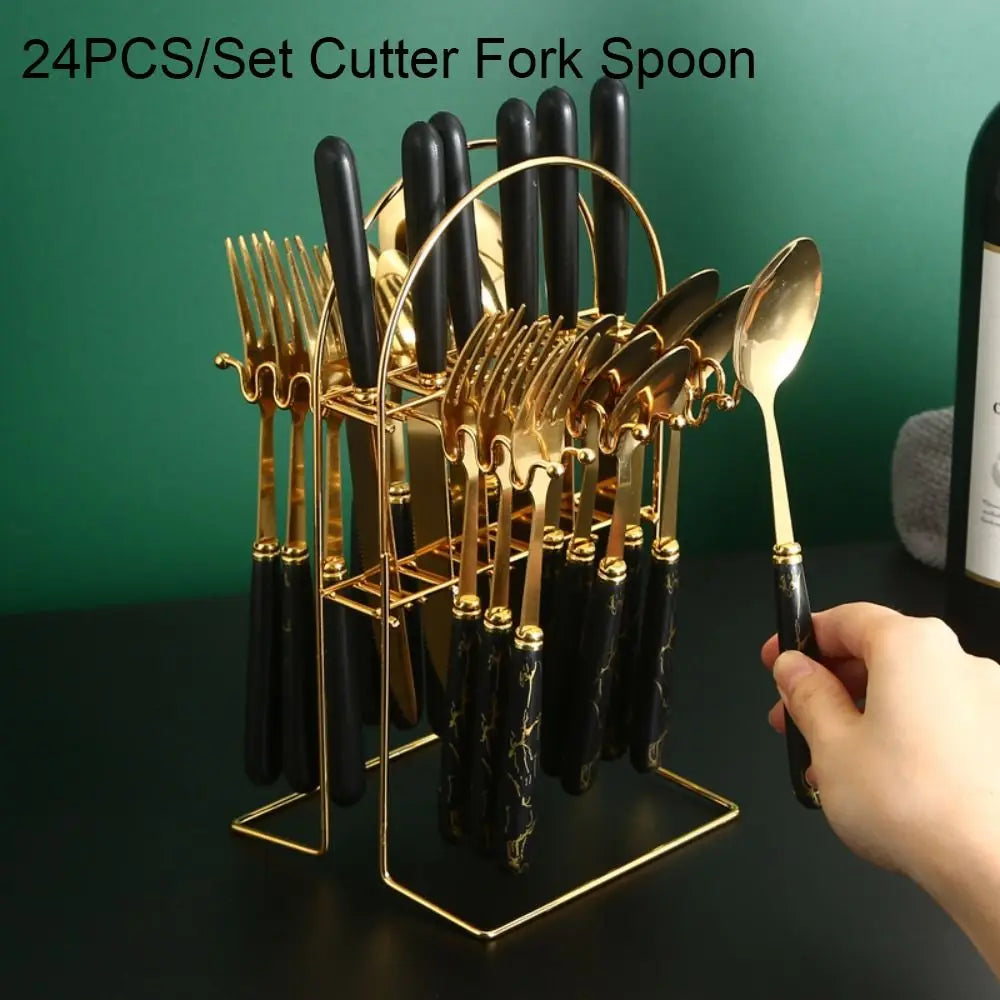 24-Piece Marbled Stainless Steel Cutlery Set with Storage Rack