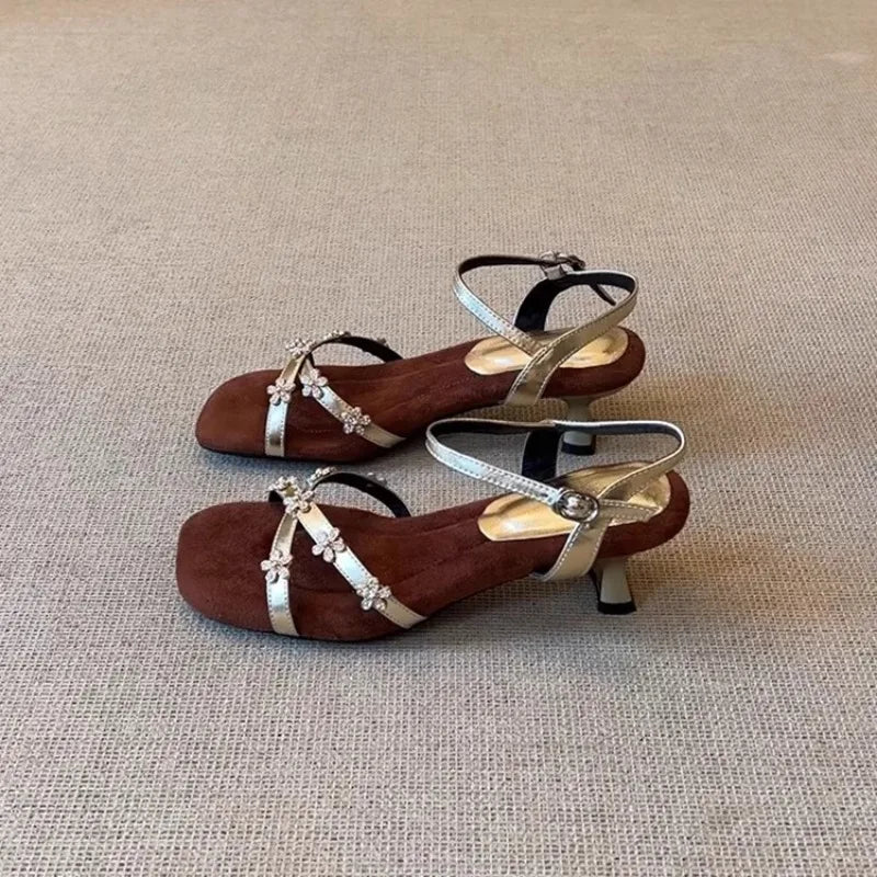 Women's Flower Buckle Peep Toe Low Heel Sandals | Party Shoes