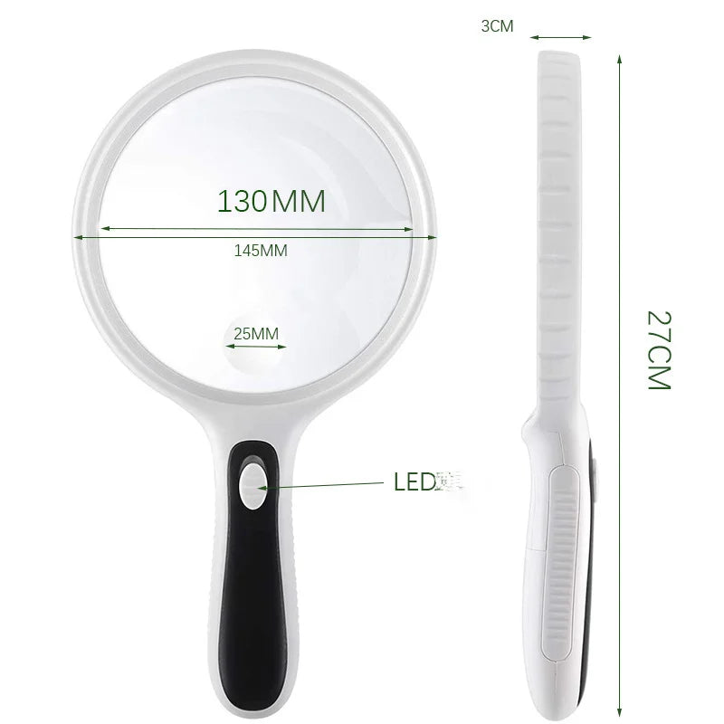 145mm 10X LED Handheld Magnifier – Large Lens & 4 LED Lights