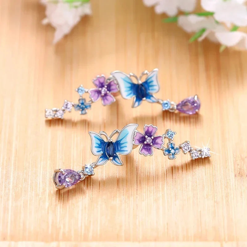 Huitan Butterfly Flower Drop Earrings | Colorful CZ Women's Jewelry