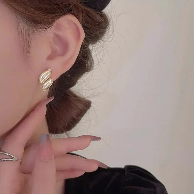Huitan Double Leaf Gold Stud Earrings – Cubic Zirconia
