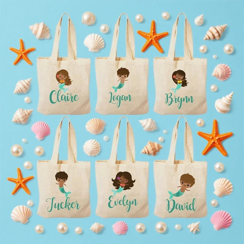 Personalized Mermaid Canvas Tote Bag | Custom Kids Party Gift