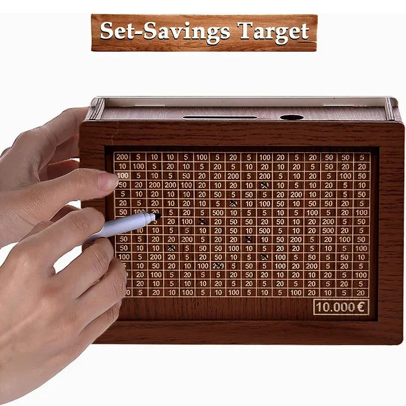 Wooden 10,000 Savings Challenge Piggy Bank Cash Box
