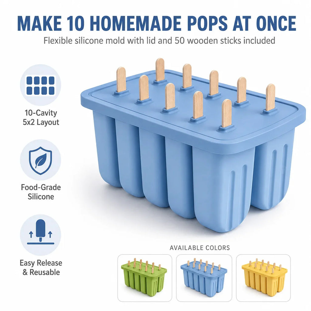 Silicone Popsicle Mold 9/10 Cavity + 50 Wooden Sticks | Ice Pop