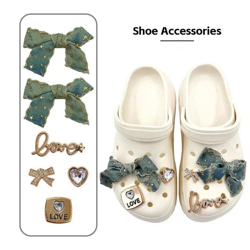 Denim Bow Rhinestone Shoe Charms DIY Decoration Kit – 6pc