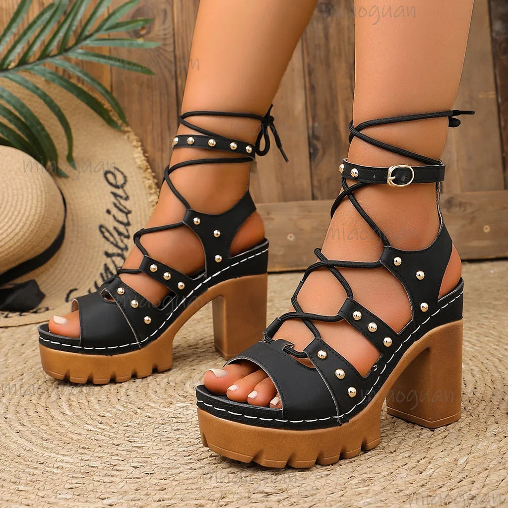 Women's Platform Gladiator Sandals – High Heel Rivet Straps