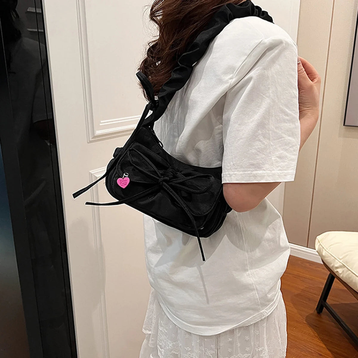 Black Bow Washed Denim Shoulder Bag | Korean Style Handbag